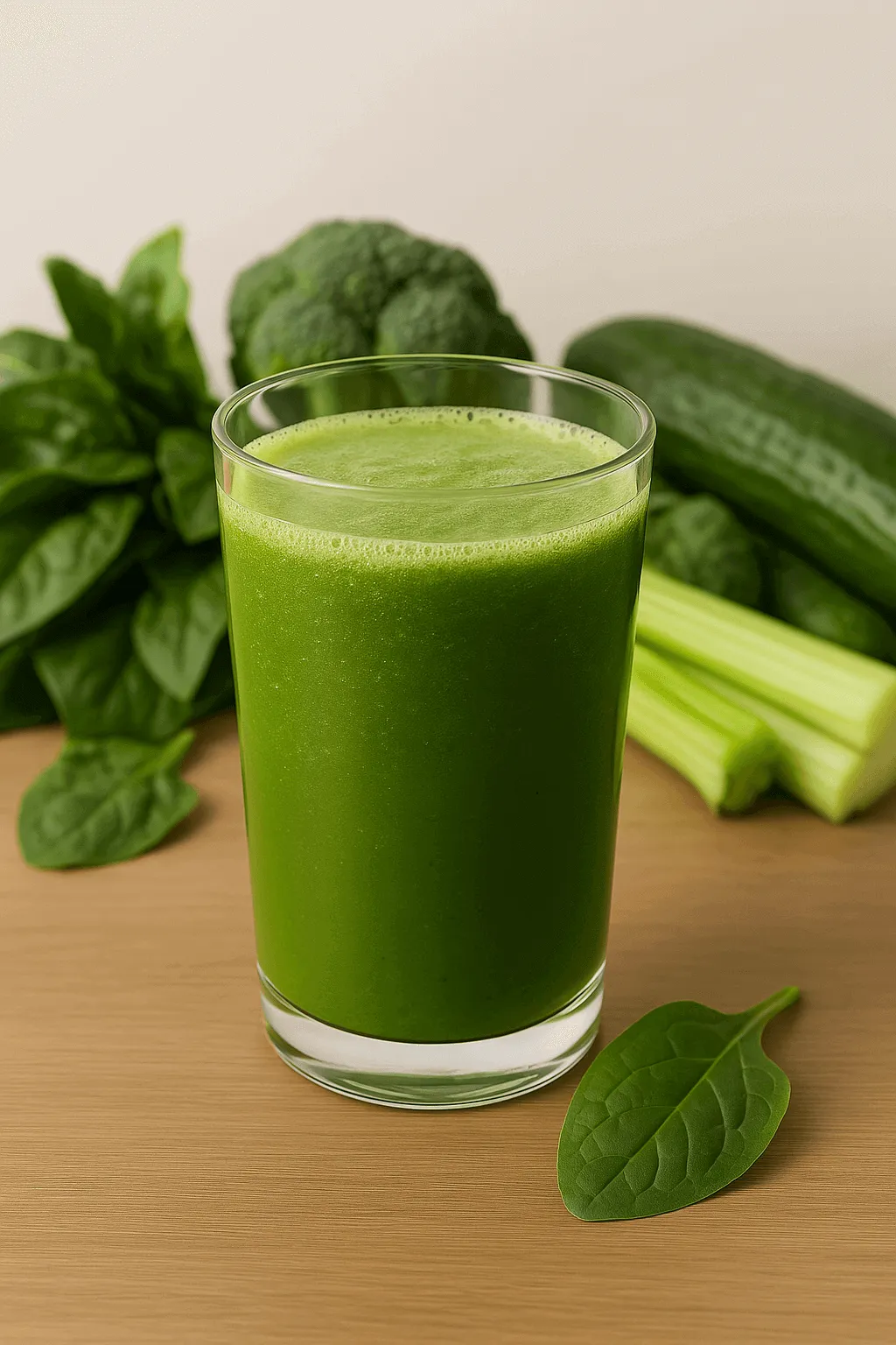 Jus detox hijau dengan daun dan sayuran segar