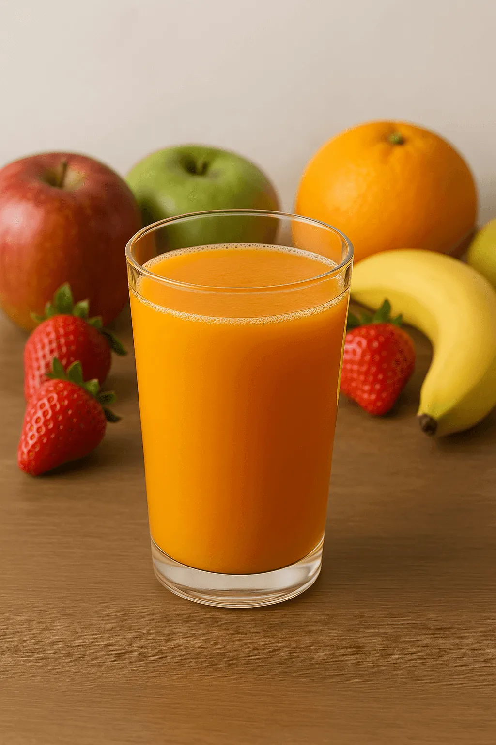 Segelas jus buah segar dengan buah-buahan segar di latar belakang